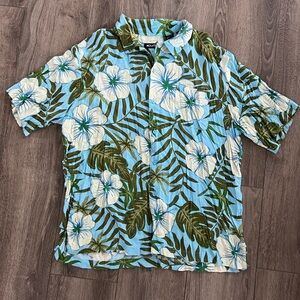 Puritan Island-Print Short-Sleeve Shirt Light Blue Tropical Floral Butt Down Men